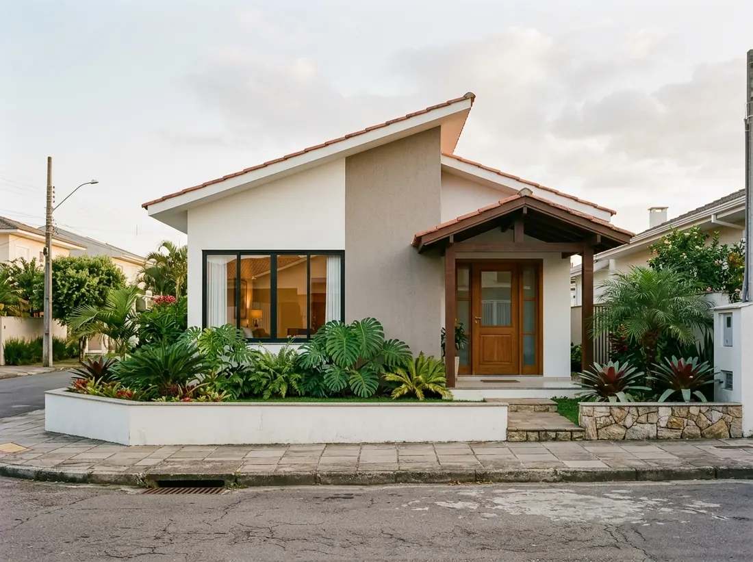 Fachada de casa térrea contemporânea com jardim, exemplo de imóvel conquistado por consórcio
