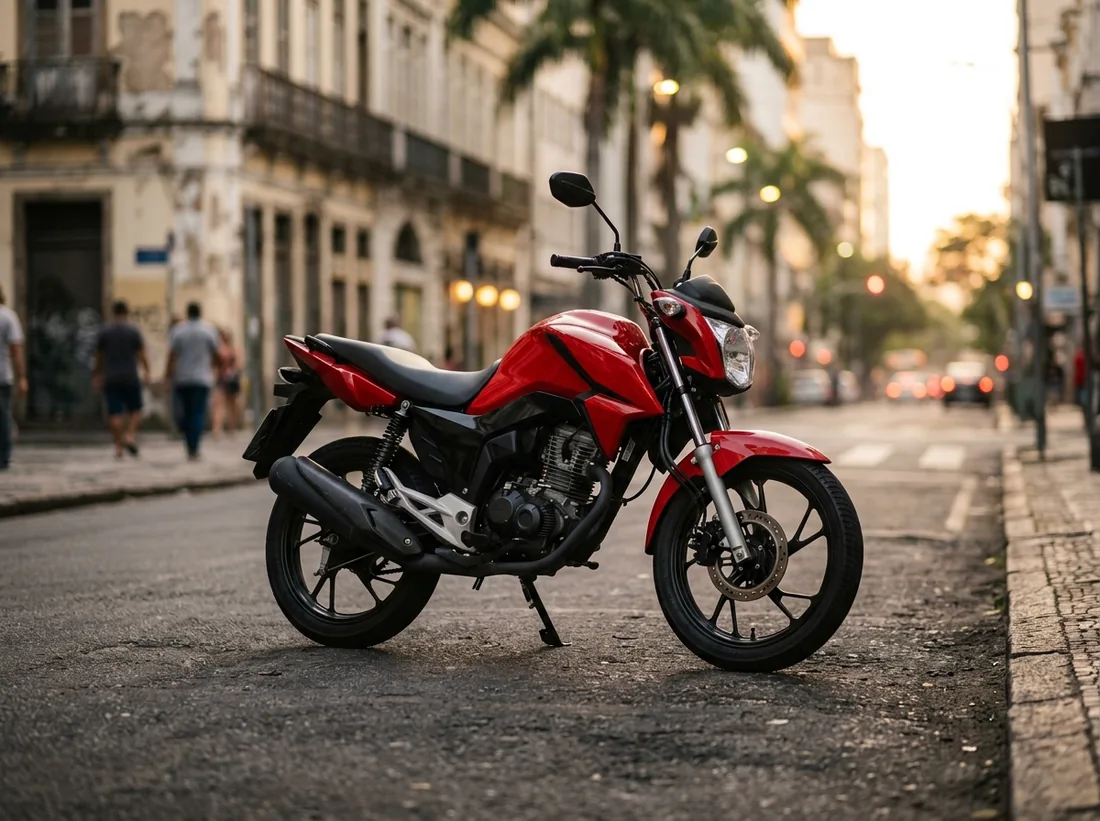 Moto vermelha 160cc estacionada em rua de cidade brasileira, exemplo de moto adquirida por consórcio