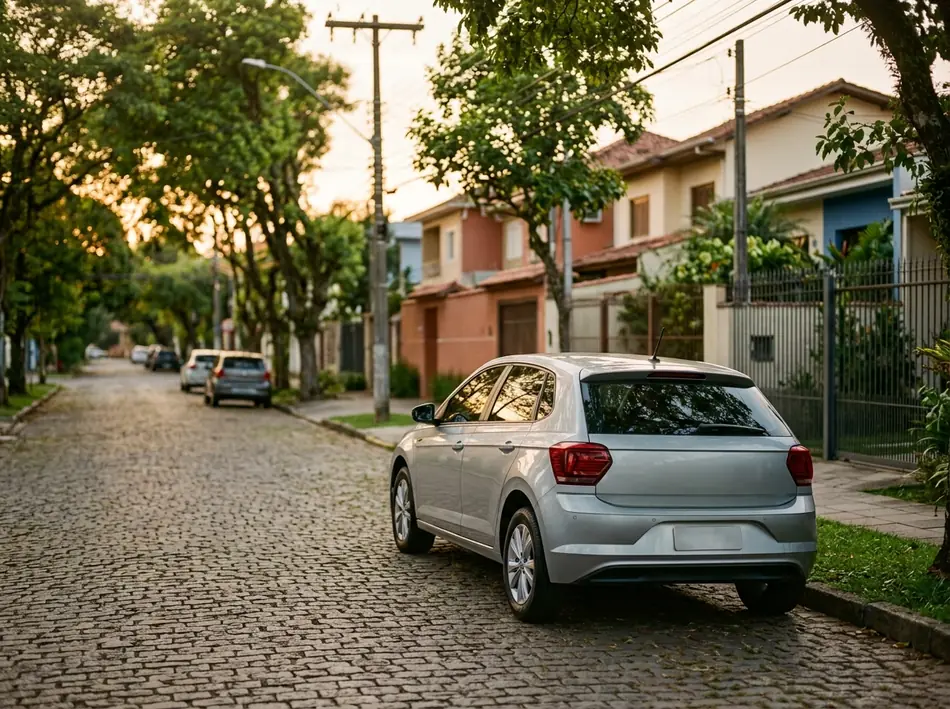 Hatchback prata seminovo estacionado em rua residencial arborizada, exemplo de veículo adquirido por consórcio